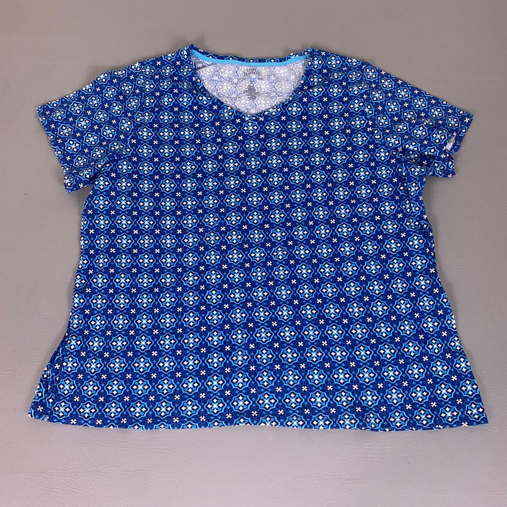Croft & Barrow Womens 2X Blue Geometric Medallion V-Neck 100% Cotton Classic Tee